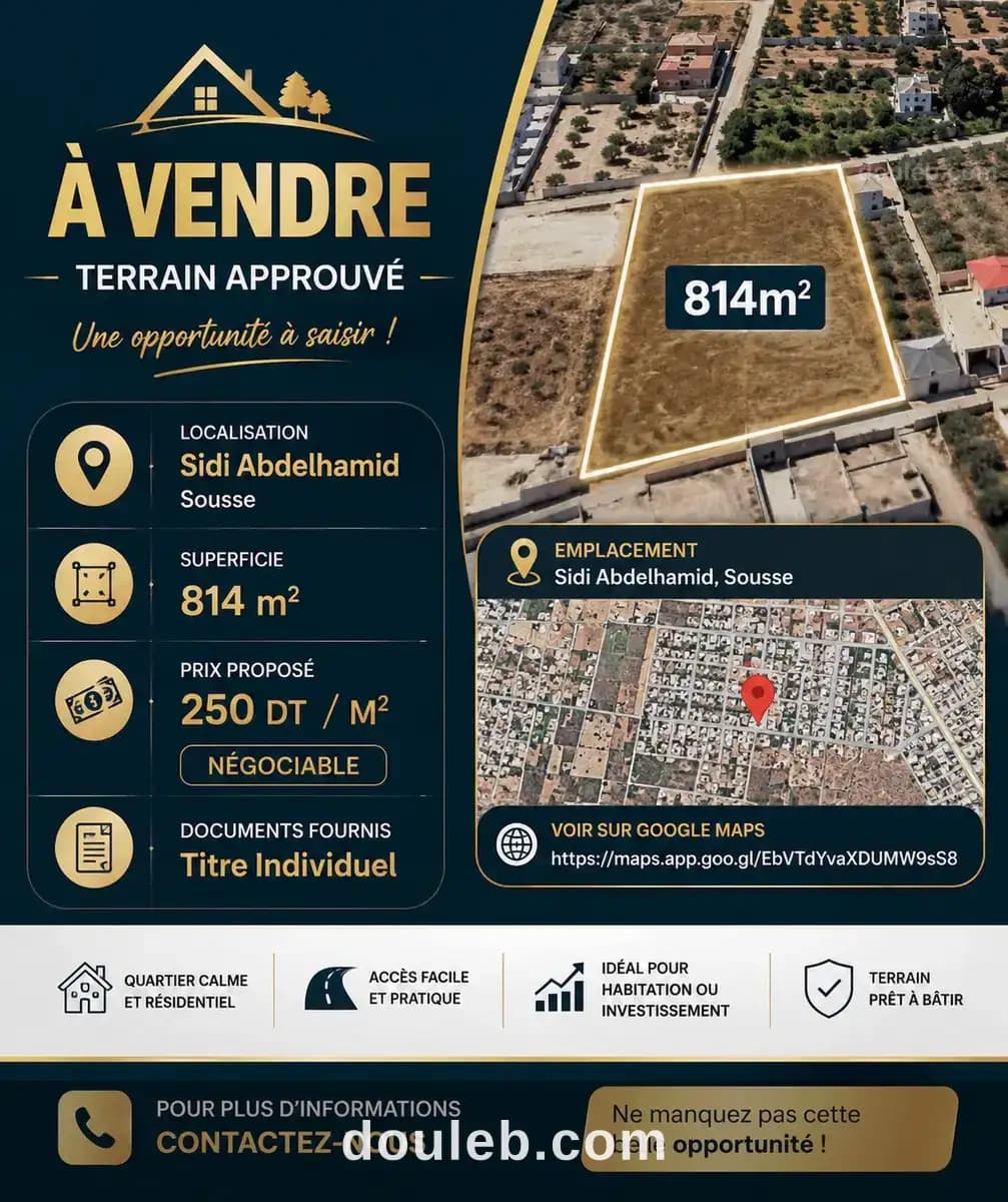 Terrain approuvé 814m à sidi abedlahmid sousse à Sousse