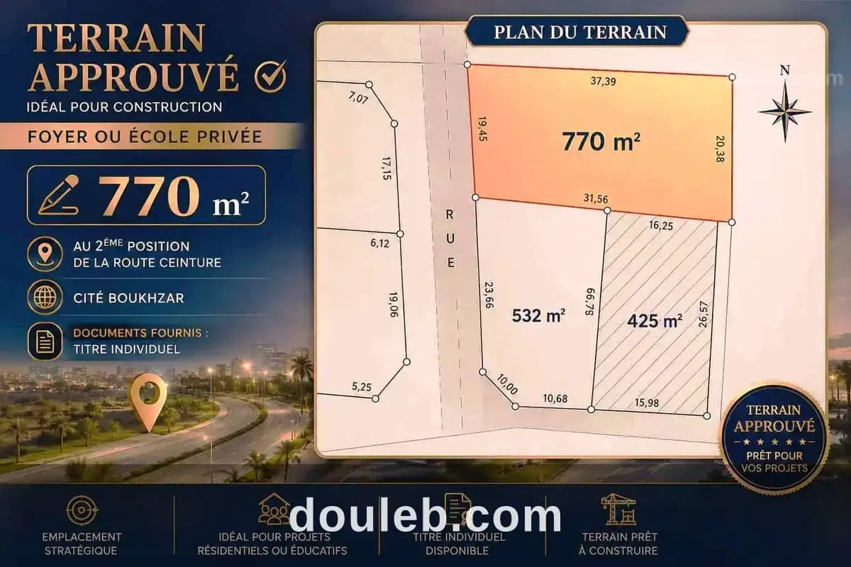 Offre d'investisement terrain 770m à cité boukhzar à Sousse