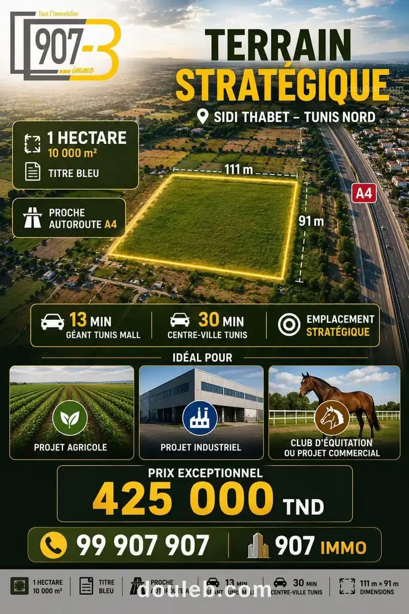 Terrain investissement 10 000 m2 à sidi thabet à Ariana