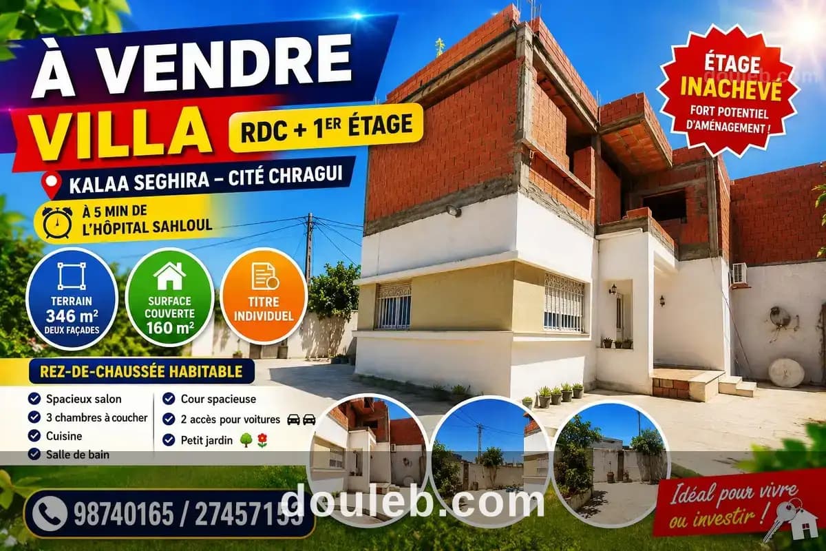 Villa rdc et 1ér étage kalaa seghira cité chragui à Sousse