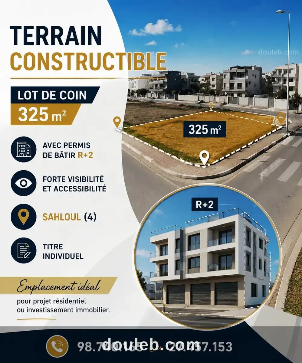 Terrain 325m a vec permis de bâtir r2 à sahloul 4 à Sousse