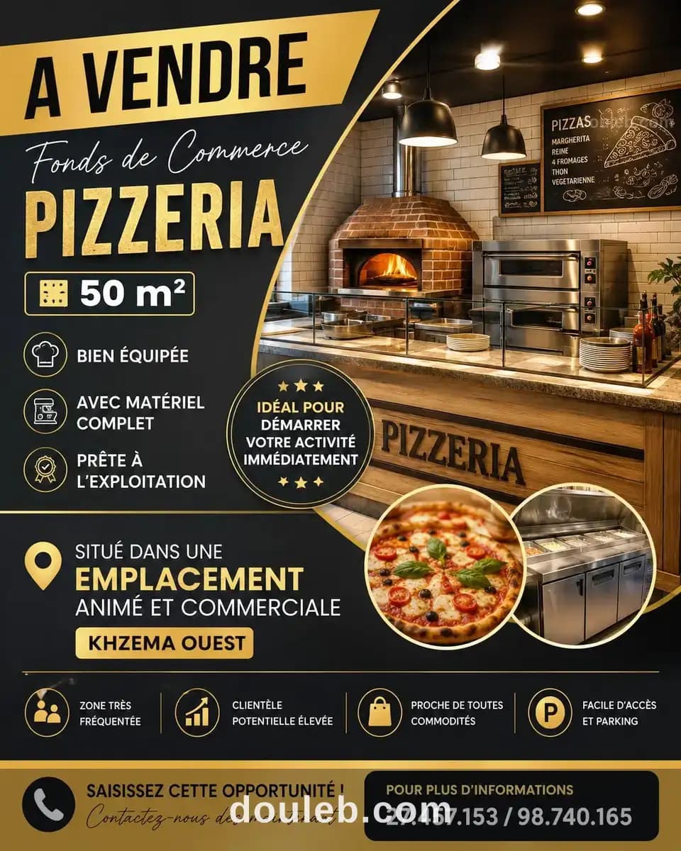 Pizzeria quipé avec matériel 50m à khzema ouest à Sousse
