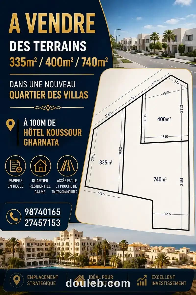 Terrains 335m et 400m et 740m à koussour gharnata à Sousse