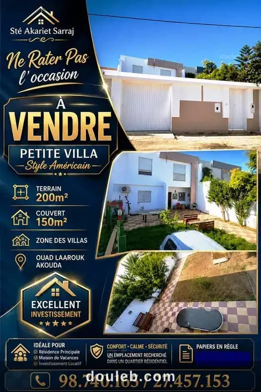 Petite villa style américain à ouad laarouk akouda à Sousse