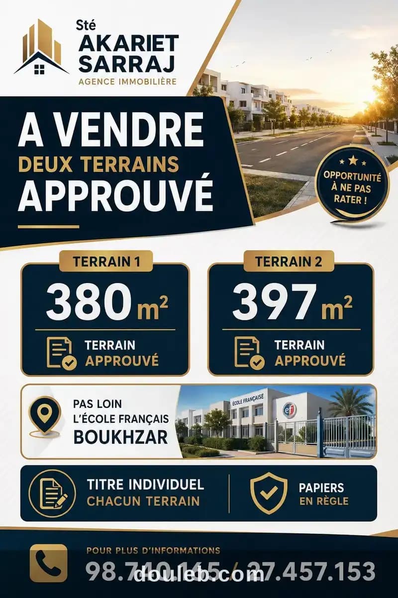 Lots 380 et 397 pas loin l'école français boukhzar à Sousse