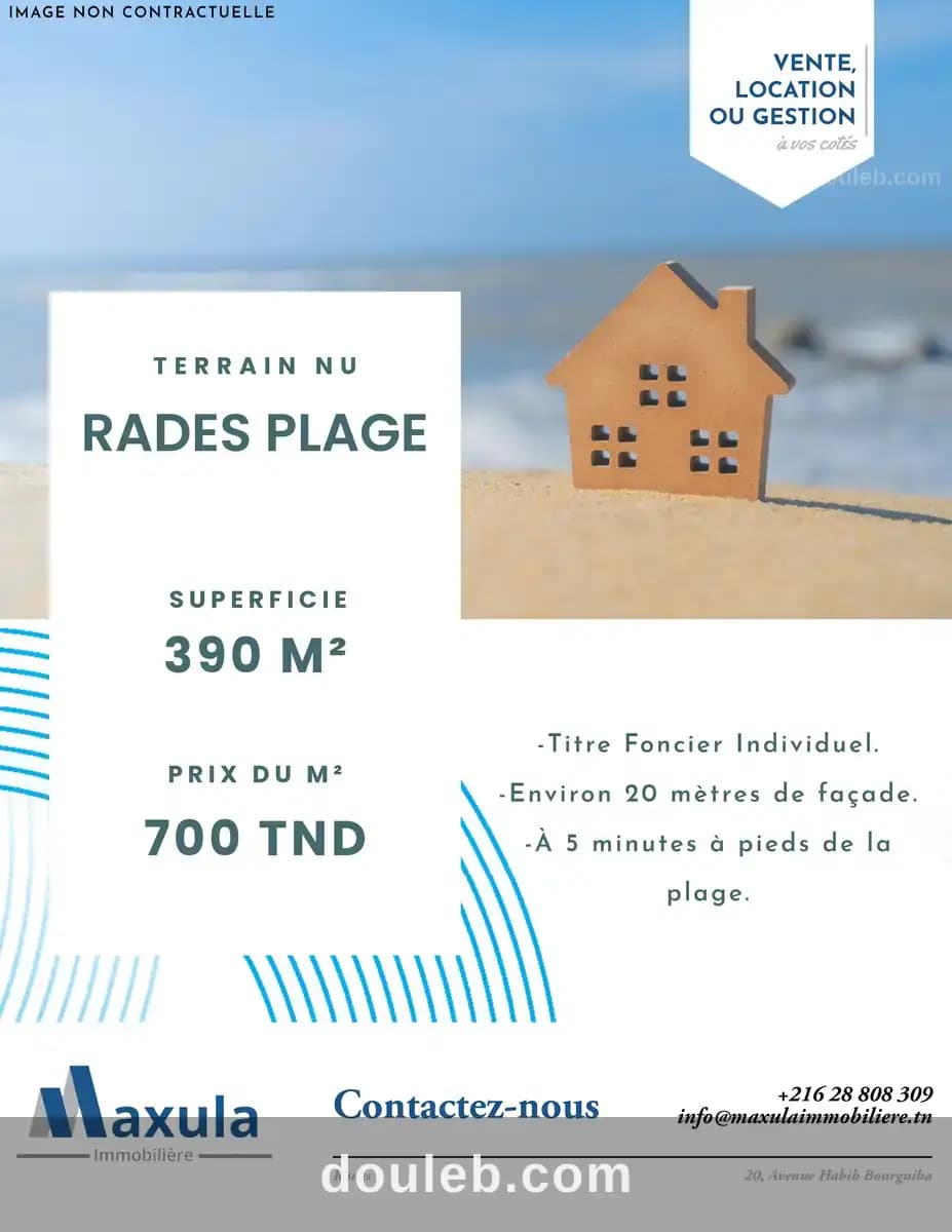 Terrain nu de 390m titre a rades plage à Ben Arous