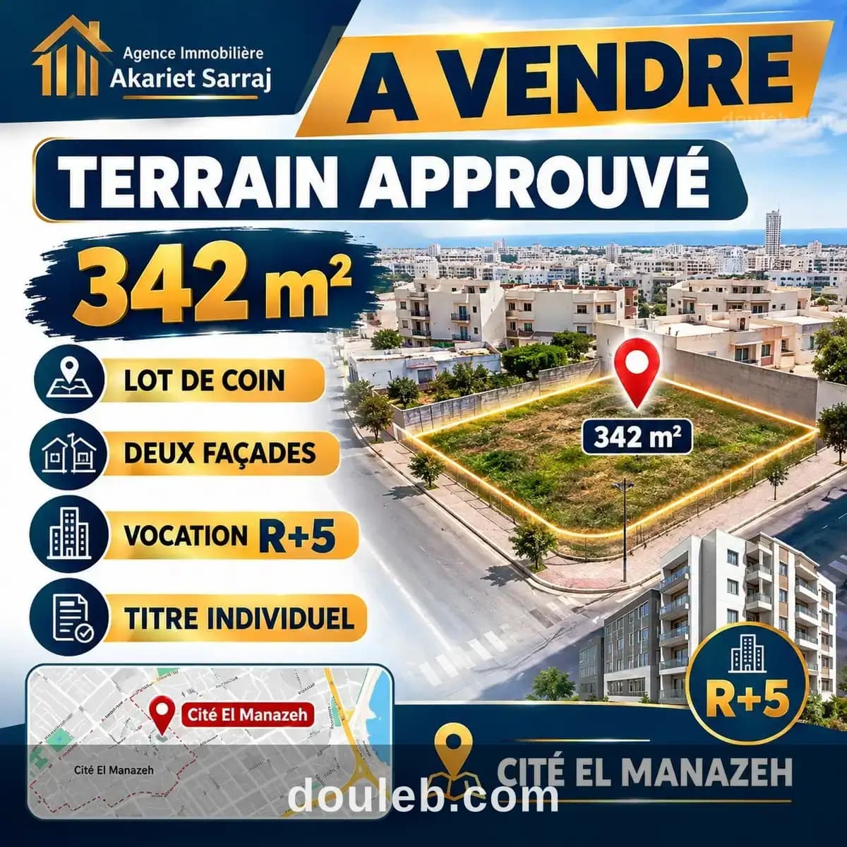 Lot de coin 342m deux façades à cité el manazeh à Sousse