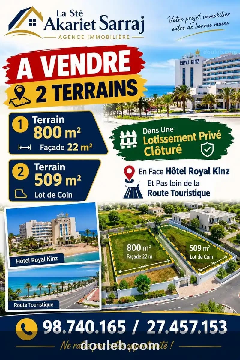 Terrains 800m et 509m en face hôtel royal kinz à Sousse
