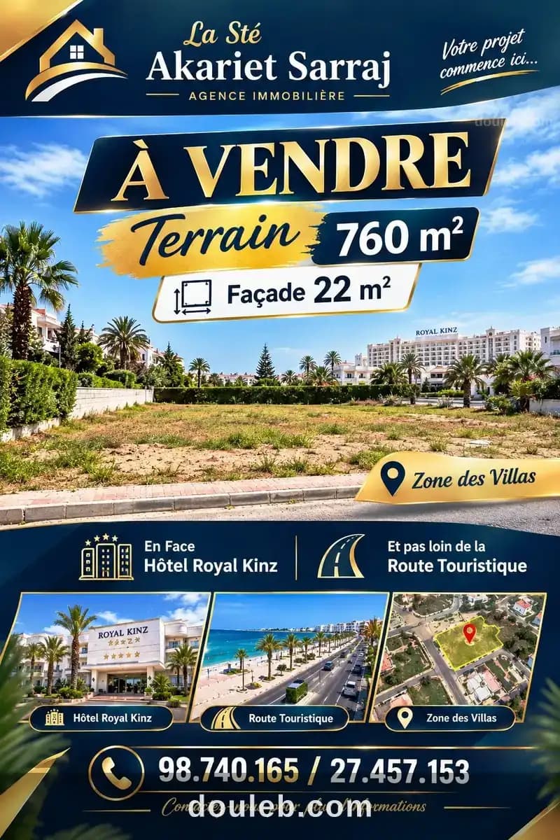 Terrain titré 760m en face hôtel royal kinz à Sousse