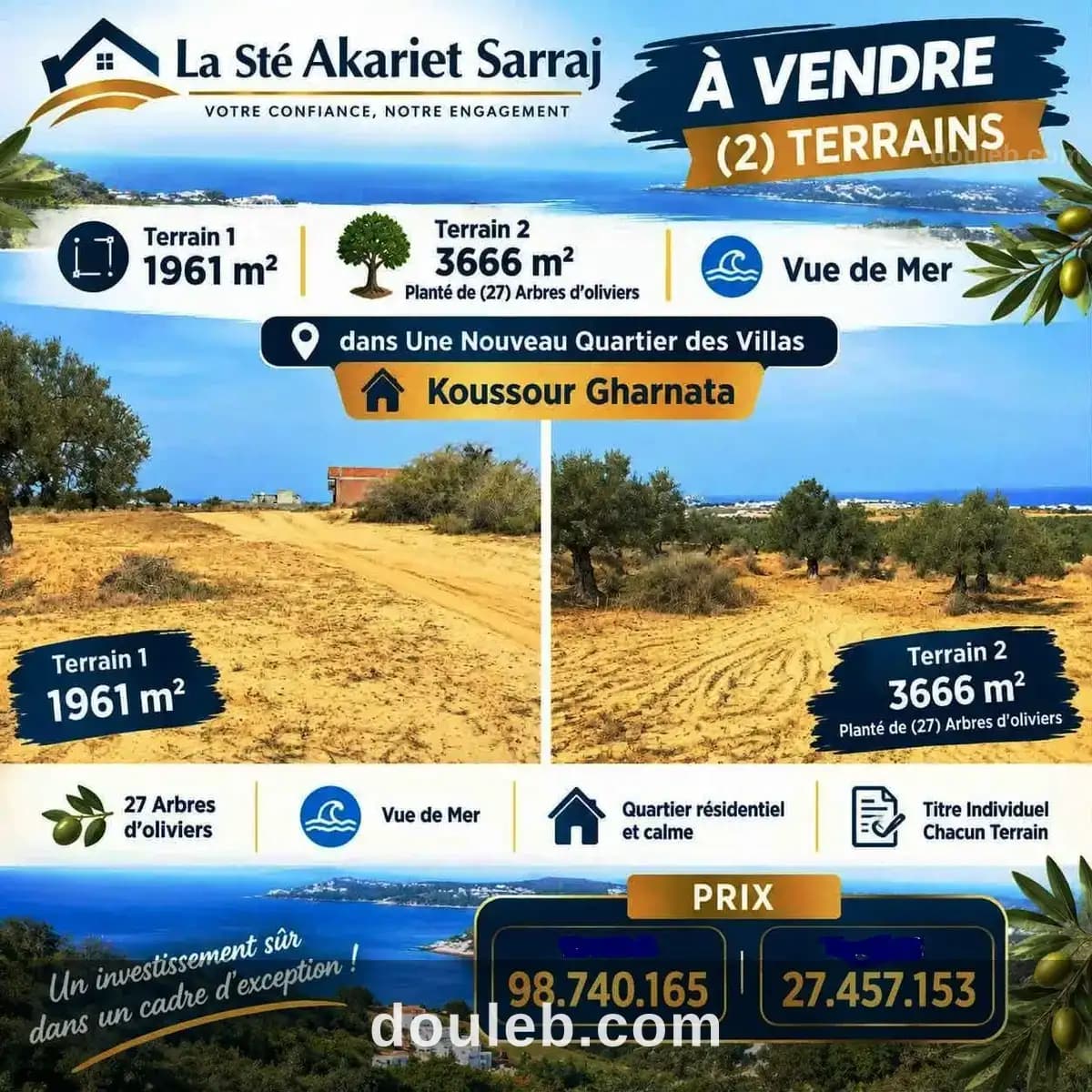 Deux terrains 1961m et 3666m à koussour gharnata à Sousse