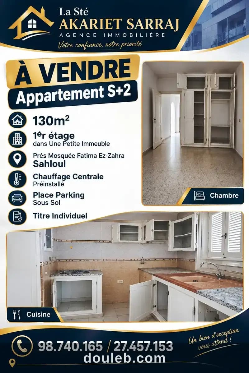 Appartement s2 prés mosquée fatima ezzahra sahloul à Sousse
