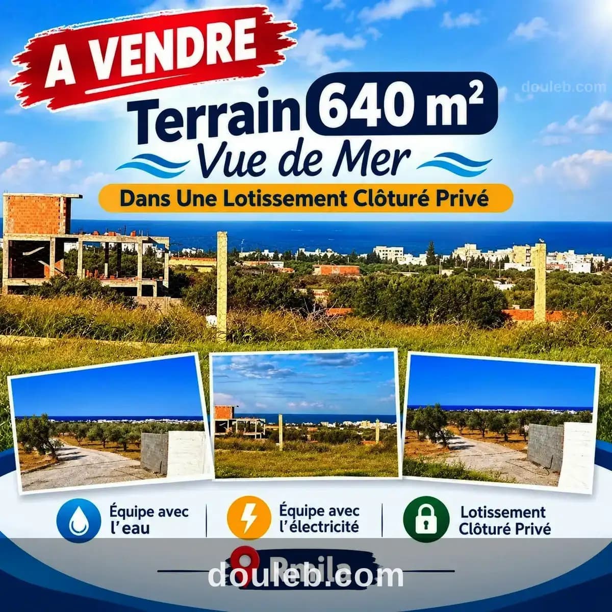 Reste un seul terrain vue de mer 640m à rmila à Sousse