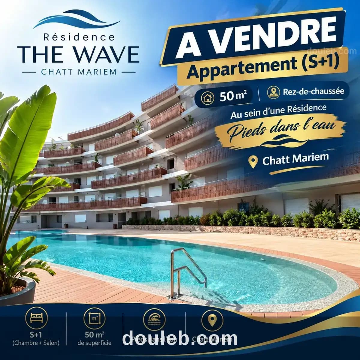 Appartement s1 résidence the wave chatt mariem à Sousse