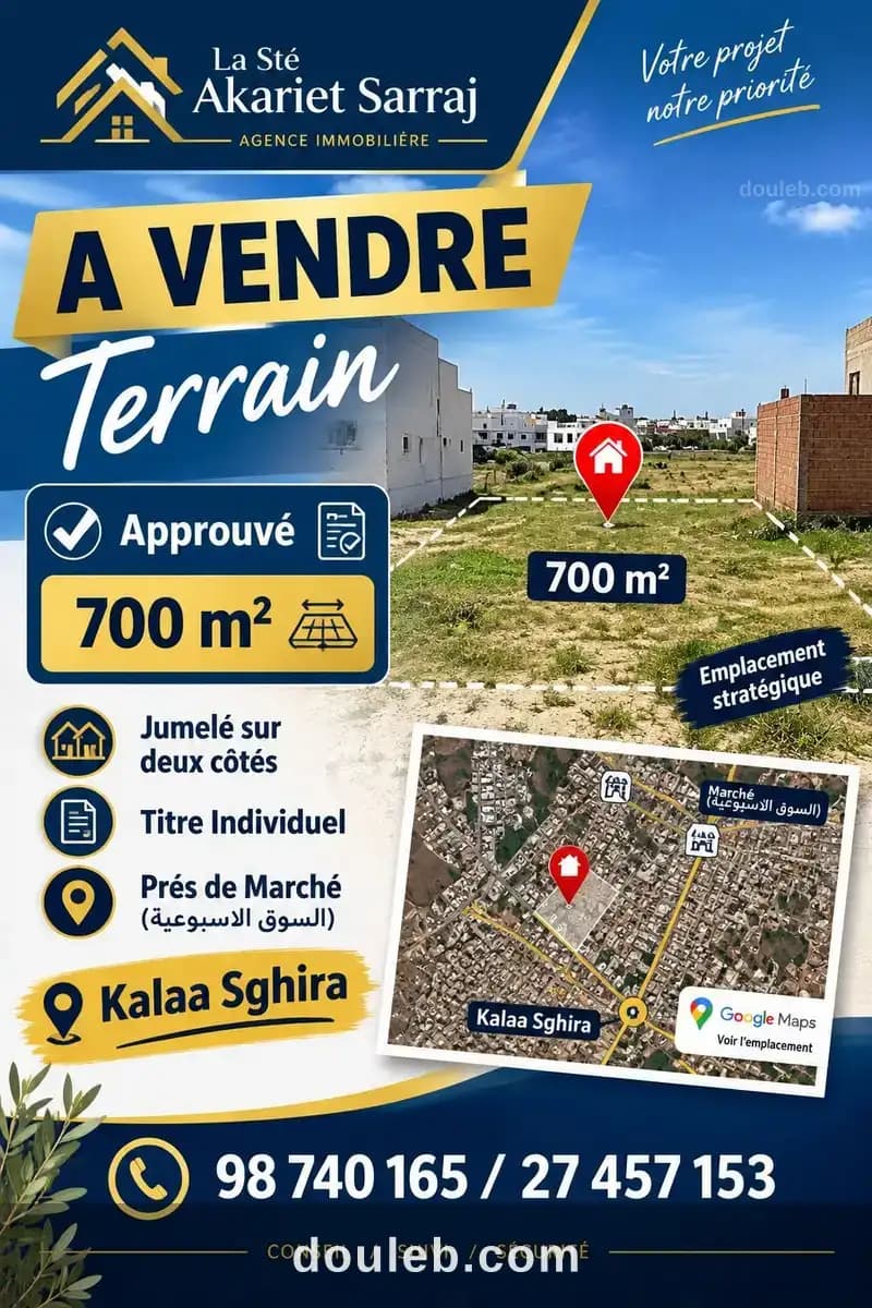 Terrain approuvé 700m prés de marché kalaa sghira à Sousse