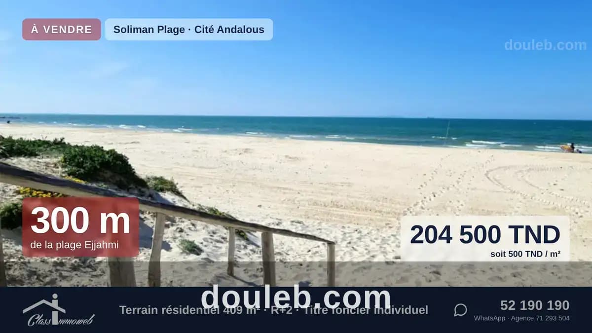 Terrain de 409 m2 à 300 m de la plage ejjahmi à Nabeul