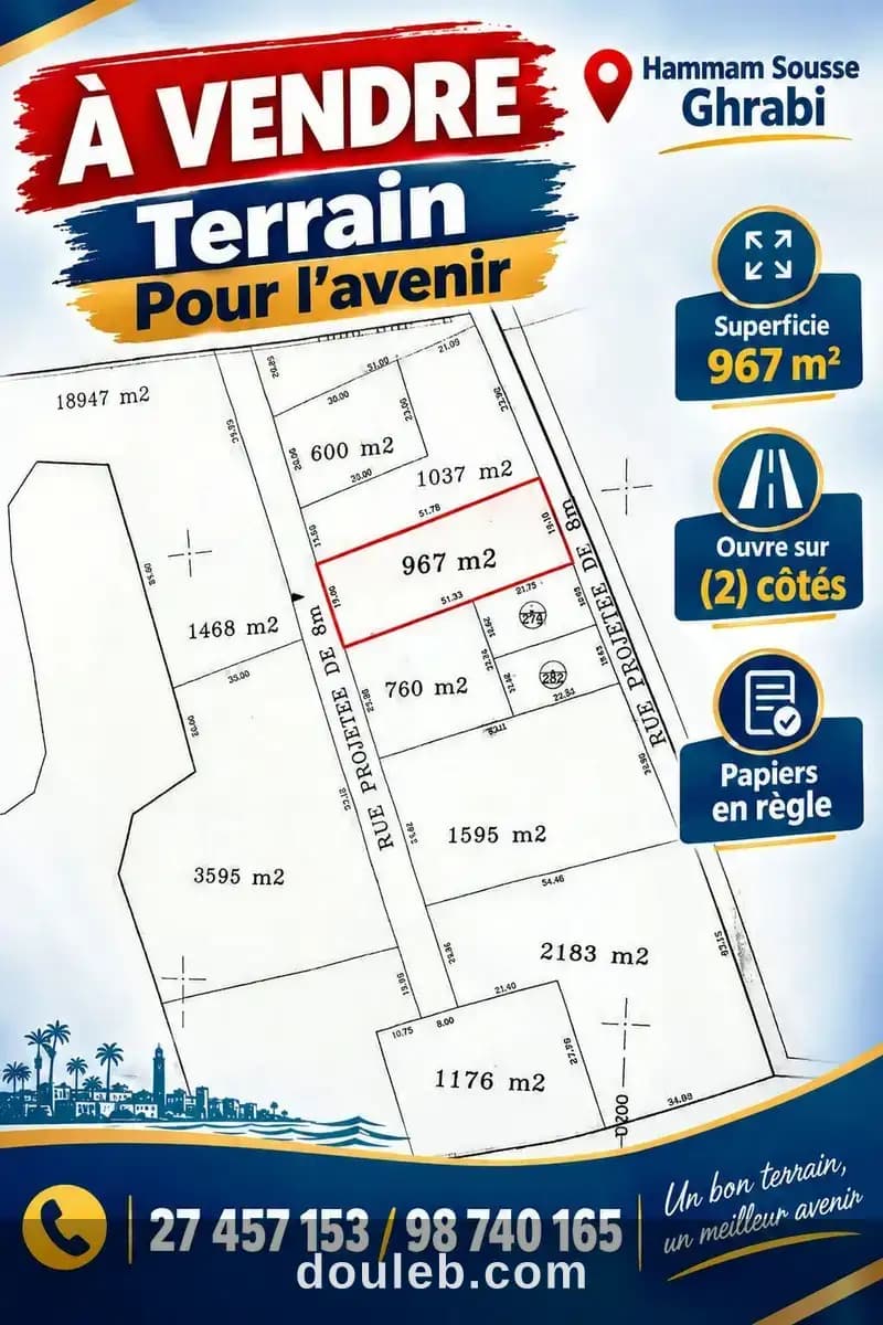 Terrain pour l'avenir 967m à hammem sousse ghrabi à Sousse
