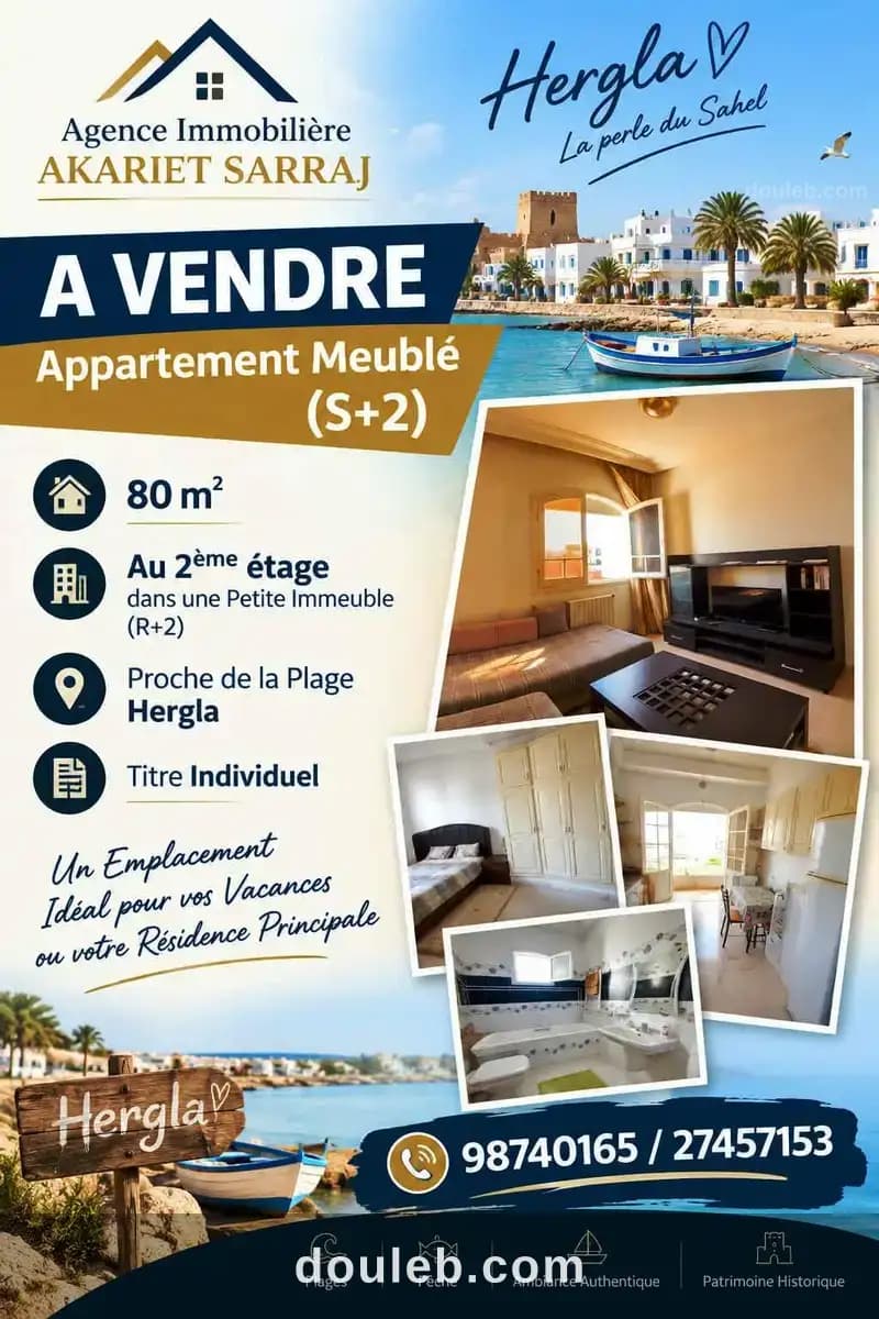 Trés cool appartement bien meublé s2 à hergla à Sousse