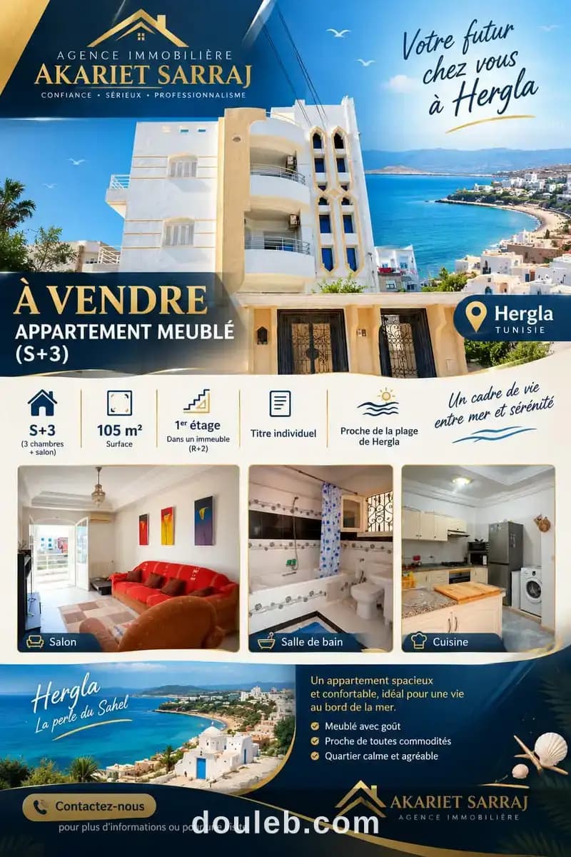 Trés cool appartement bien meublé s3 à hergla à Sousse